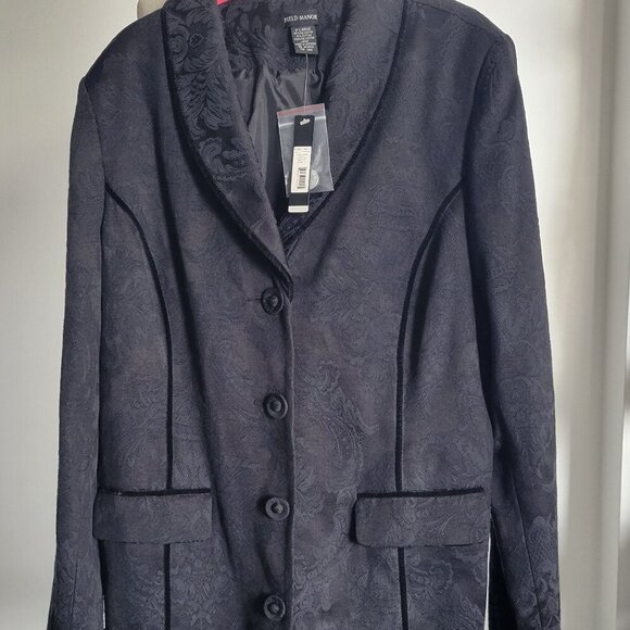 Field Manor Jackets & Blazers - NWT –Vintage Field Manor Black Jacquard Velvet Trim Coat (Size: XL)